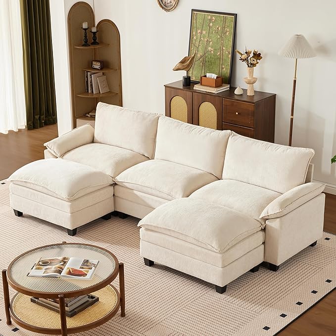 114 Inch Cloud Couch Sectionals with Ottoman, Big Comfy Modular Couches, Cloud Sofas, L Shaped 5 Seat Modular Sectional Sofa, Modern Sectional Couches for Living Room, Deep Seat Sofa, Beige