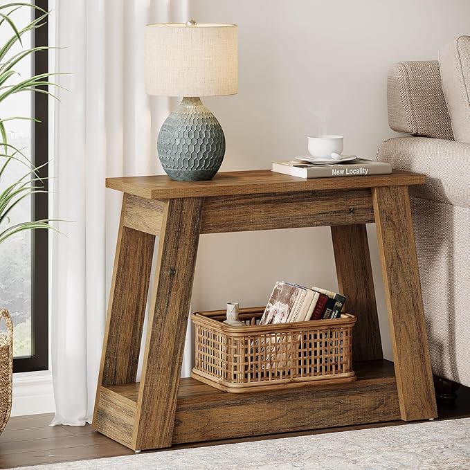 Tribesigns Wood End Table Set of 2, Small Side Table with 2 Storage Shelves, Rustic Accent Narrow Nightstand for Living Room, Bedroom (2)
