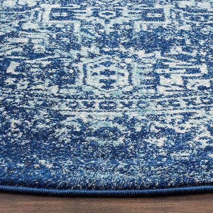 SAFAVIEH Evoke Collection Area Rug - 5'3" Round, Navy & Ivory, Distressed Design, Non-Shedding & Easy to Clean, Ideal for Living Room, Bedroom, Dining Space (EVK256A)