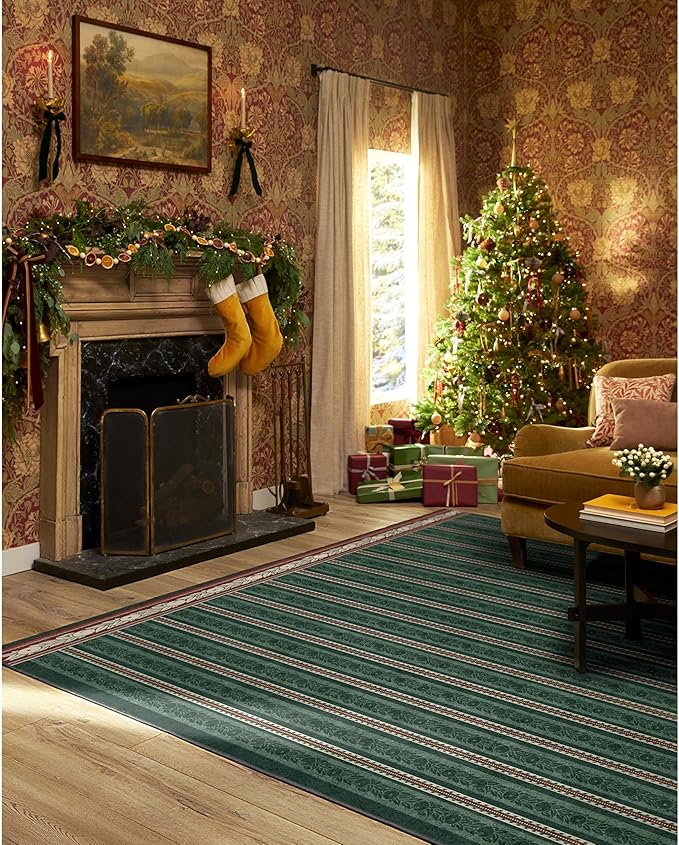 RUGGABLE x Morris & Co Machine Washable Christmas Area Rug– Fruit Stripe Spruce Green 9x12, Stain-Resistant, Non-Slip–Large Rugs for Living Room, Bedroom, Hallway, Entryway & Office–with Standard Pad