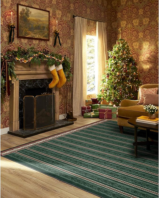 RUGGABLE x Morris & Co Machine Washable Christmas Area Rug– Fruit Stripe Spruce Green 8x10, Stain-Resistant, Non-Slip–Large Rugs for Living Room, Bedroom, Hallway, Entryway & Office–with Standard Pad