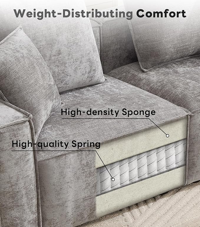 WILLOVE Modular Sectional Sofa Set, Chenille Cloud Couch with Wide Armrests & 8 Pillows, Deep Seat Couches for Living Room, 6-Seater Grey