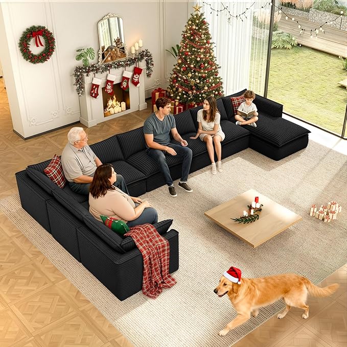 Vesgantti 141.7" U Shaped Sectional Boneless Couch, Modern 6 Seater Modular Sofa with Chaise & Ottoman, Deep Seat Plush Corduroy Cloud Couches for Living Room, No Assembly Required, Black