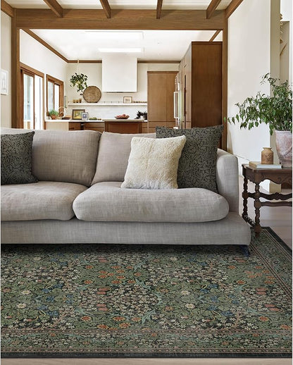 RUGGABLE x Morris & Co Washable Area Rug– Blackthorn Forest Green 5x7, Stain-Resistant, Non-Slip – Medium Machine Washable Rugs for Living Room, Bedroom, Hallway, Entryway & Office–with Cushioned Pad