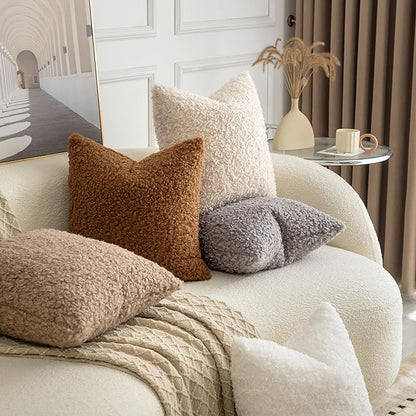 Pack of 2 Curly Teddy Wool Faux Fur Throw Pillow Covers Fuzzy Accent Soft Sherpa Pillowcases Sheepskin Fleece Decorative Cushion Case for Sofa Couch Living Room 18x18 Inch Light Grey