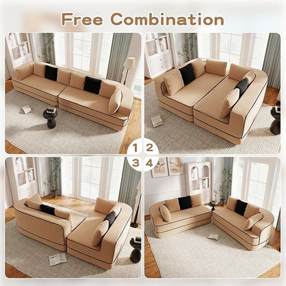 Cloud Sectional Sofa Modern Boneless Couch for Living Room, Comfy Deep Seat Comfy Teddy Fabric Double Sofa Chaise No Assembly Required (Camel, 135"- 4 Seater)