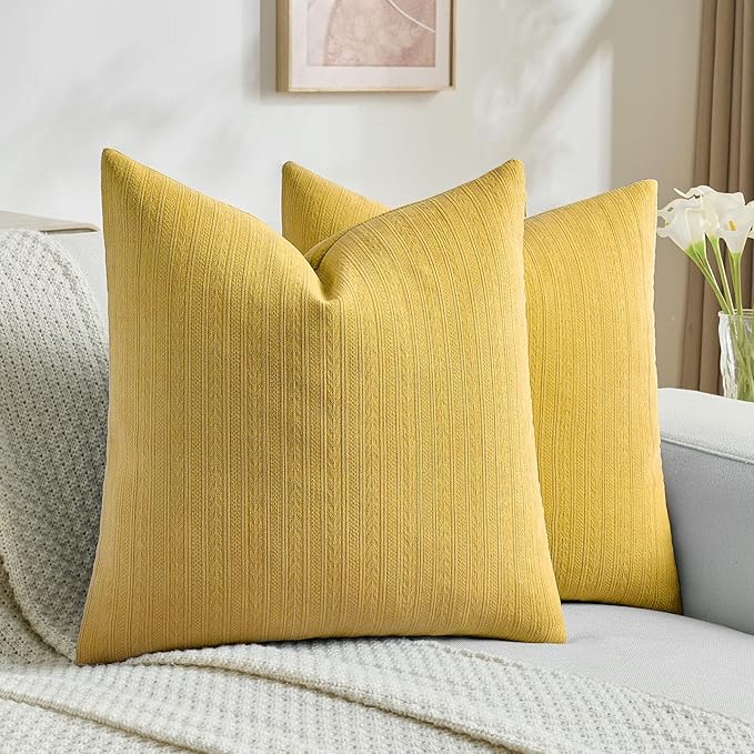 FUTEI Mustard Yellow Decorative Throw Pillow Covers 22x22 Inch Set of 2,Soft Cozy Wheat Ear Striped Patterns Cushion Cases,Modern Home Decor for Couch Bed Living Room