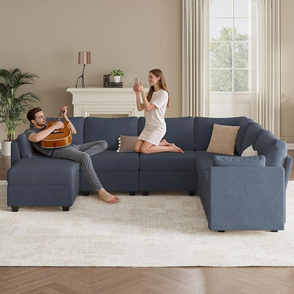Modular Sectional Sofa Couches, Large Convertible Modular Couches With Storage, 7-Seater Sectional Sofa For Living Room, U Shaped Sectional Couch Sleeper Sofa With Chaise (BlueGrey, 7 Seats)