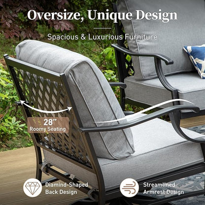 7 Piece Metal Outdoor Patio Furniture Set, Patio Conversation Sets 3-seater Sofa, 2 Rocking Chair, 2 Ottomans with 5.75" Thick Cushion, Black All-weather Frame Backyard Furniture, Gray