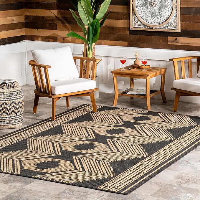 nuLOOM 4' x 6' Outdoor Tribal Geometric Area Rug, Stain Resistant, Weather Resistant, High Traffic, Patio, Balcony, Outside, Ranya Dark Grey