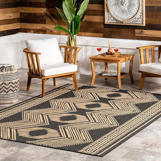 nuLOOM 4' x 6' Outdoor Tribal Geometric Area Rug, Stain Resistant, Weather Resistant, High Traffic, Patio, Balcony, Outside, Ranya Dark Grey