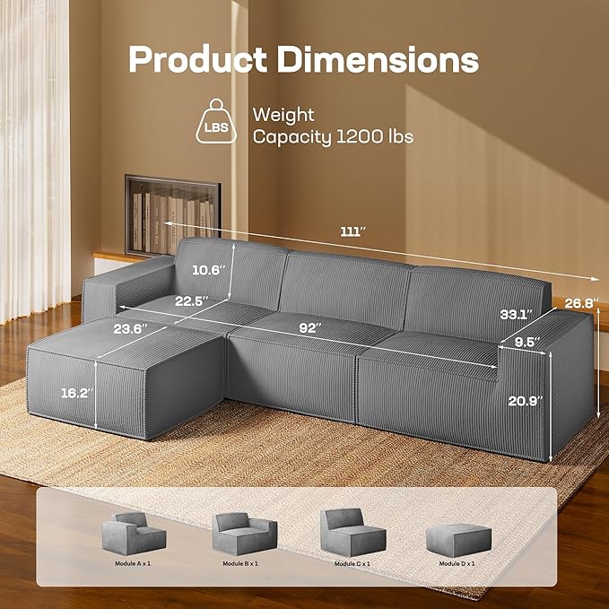 Marsail Modular Sectional Sofa, 111" L-Shaped Modular Sectional Couch with Deep Seat, Freely Combinable Sectional Clound Sofa for Living Room, No Assembly, Plush Corduroy Fabric, Grey
