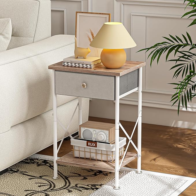 VECELO End Tables, Modern Nightstand with Fabric Drawer & Open Shelf, Night Stand for Bedroom Living Room, Industrial Metal Frame, Easy Assembly, Light Brown,2 Pack