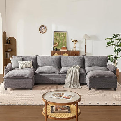147 Inch Big Comfy Couch with Ottoman, 6 Seat U Shaped Couches, Cloud Modular Sectional Sofa, Modern Cloud Couch Sectionals, Sectional Couches for Living Room, Oversize Deep Seat Sofa, Grey