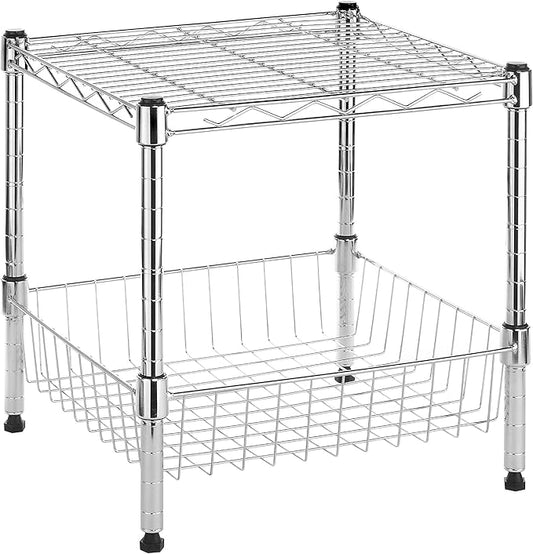 Whitmor 2-Wire Shelving Unit, Metal Storage Shelves, Stacking Shelf with Basket, Easy Assembly Home Organizer for Pantry, Kitchen, Garage, Plant