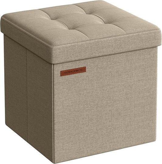 SONGMICS Storage Ottoman, Foldable Small Ottoman Foot Rest, 11.8 Inches Foot Stool, Cube Ottoman with Storage, Load up to 286 lb, for Living Room, Bedroom, Dorm, Camel Brown ULSF028K01