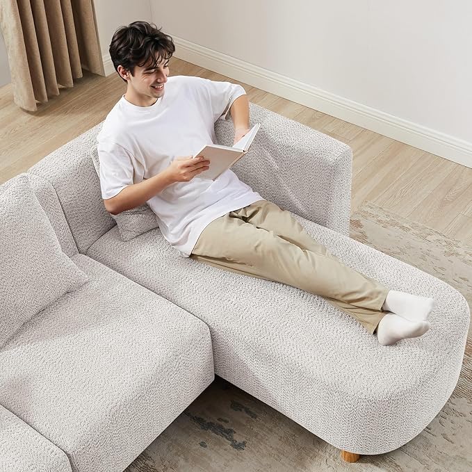 VANOMi 113" Sectional Sofa with 4 Pillows, U-Shaped 4-Seater Comfy Boucle Cloud Couch, Modern Double Chaises Lounge Sofas for Living Room, Office, Apartment (Light Khaki-U)