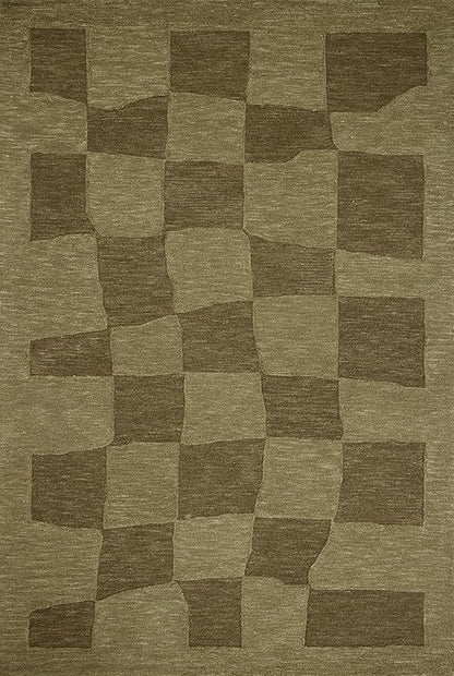 Loloi Leanne Ford Craven Collection CVN-03 Green/Olive 2'-6" x 7'-6" Runner Rug Checkered, Patterned, Neutral, Hallway, Kitchen, Mudroom, and Bathroom