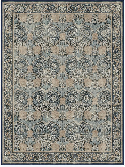 RUGGABLE x Morris & Co Washable Area Rug– Honeysuckle & Tulip Blue 9x12, Stain-Resistant, Non-Slip – Large Machine Washable Rugs for Living Room, Bedroom, Hallway, Entryway & Office–with Standard Pad