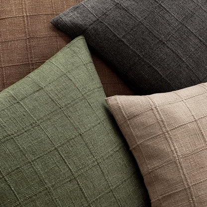 Foindtower Set of 2 Decorative Linen Check Throw Pillow Covers Neutral Farmhouse Vintage Cushion Covers Modern Boho Home Decor for Sofa Chair Couch Bedroom Living Room,24×24 Inch,Olive Green