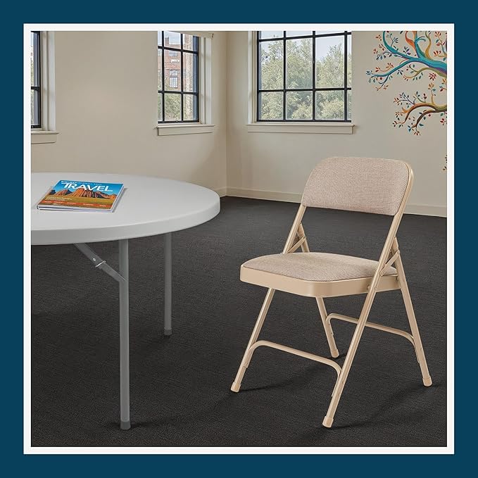 OEF Furnishings OEF2200 Series Heavy-Duty Premium Fabric Padded Upholstery Double-Hinged Folding Chairs (4-Pack, French Beige)