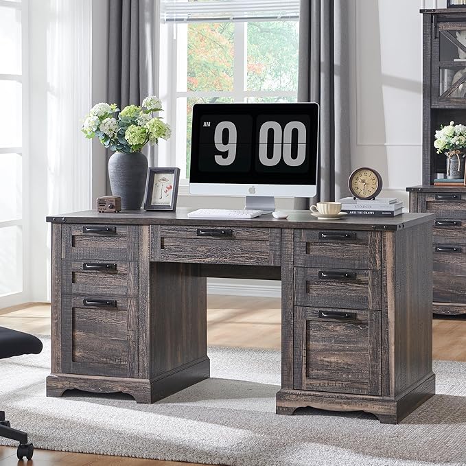 RedLemon 60" Executive Desk, Farmhouse Home Office Desk with Drawers, Charging Station, Keyboard Tray, File Drawer, Storage Cabinet, Wood Rustic Computer Writing Desk (Dark Rustic Oak)