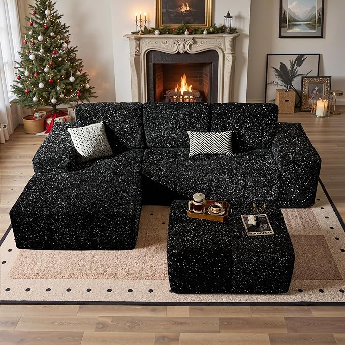 114" Glitter Cloud Sectional Couch with L-Shape Chaise & Ottoman, Modern Boneless Couches for Living Room, Fluffy Tufted Deep Seat Modular Sofa No Assembly (Black Sparkly Velvet,Left Facing)