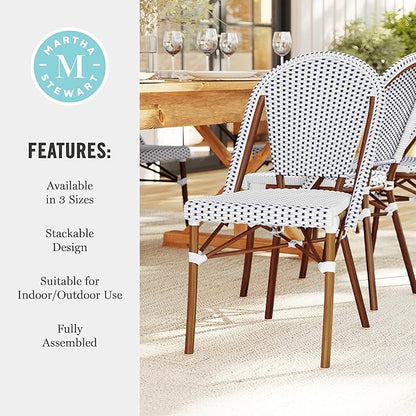 Martha Stewart Lily Pond Indoor-Outdoor Stackable Bistro Chairs with Natural Woodgrain Aluminum Frame Finish, White/Navy Woven Rattan Backrests/Seats, Set of 2