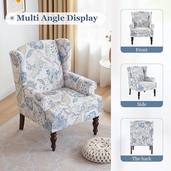 HUIMO Living Room Chair Upholstered High Back Armchair Retro Printed Wingback Chair in Linen for Bedroom & Study Comfy Accent Sofa Chair Reading Chair Holds 300lbs (Navy Blue) (1, Blue Floral)