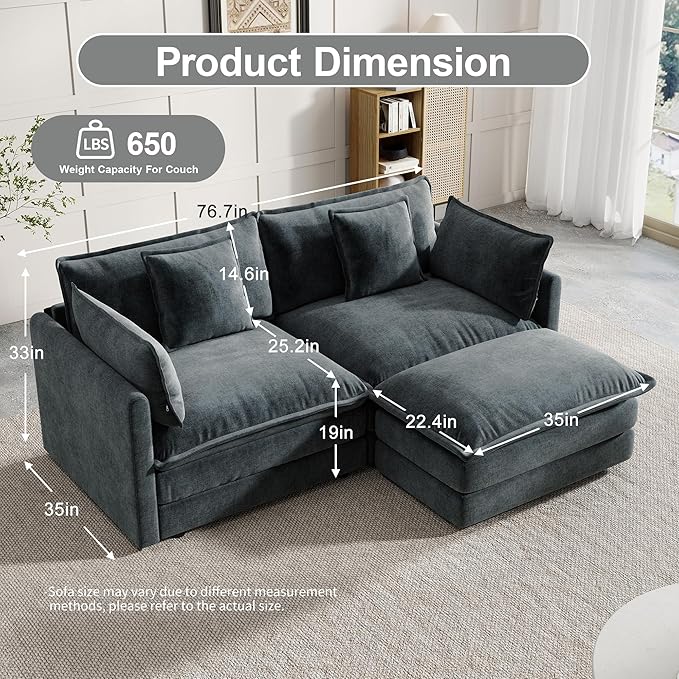 Modular Sectional Sofa, 76.7 Inch L-Shaped Cloud Sofa with Deep Seat Comfortable Chenille Sofa with Cushion Double Sectional Sofa for Living Room Apartment,Gray
