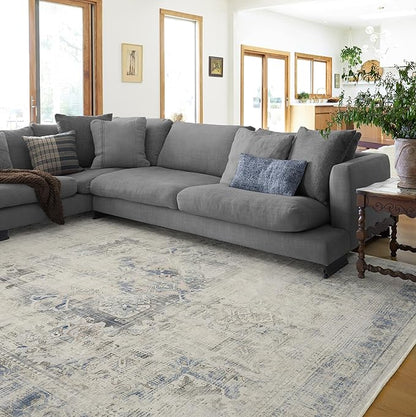 RUGGABLE Washable Vintage Area Rug – Kamran Blue Quartz 8x10, Stain-Resistant, Non-Slip – Large Machine Washable Rugs for Living Room, Bedroom, Hallway, Entryway & Office–with Standard Pad
