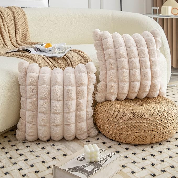 Neelvin Beige Faux Fur Cozy Soft Plaid Decorative Throw Pillow Covers 24x24 inch Set of 2,Velvet Pillowcase Cushion Case for Sofa Couch