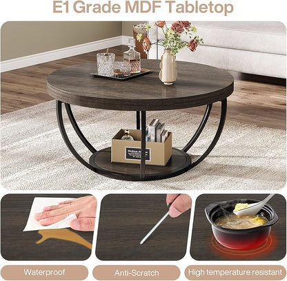 Tribesigns Round Coffee Table, 31.7" Wooden 2-Tier Circle Coffee Table with Storage Shelves, Modern Accent Cocktail Table Center Table for Living Room, Grey