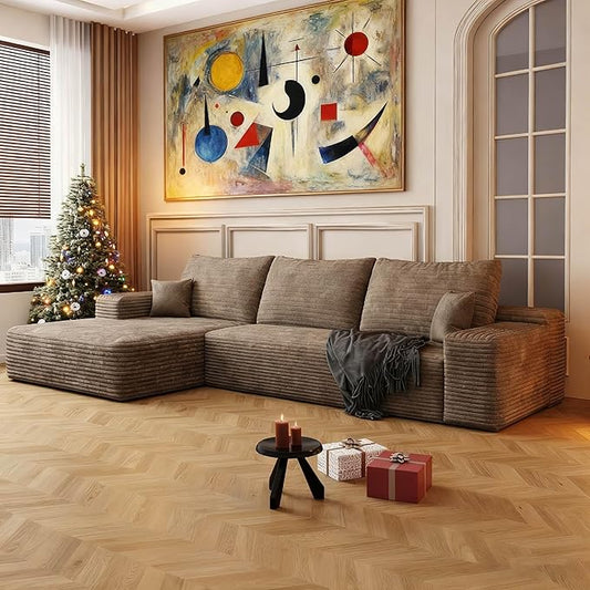107.5" Boneless L-Shaped Modular Sectional Sofa Couches for Living Room, Corduroy Upholstered Couch with Deep Seat, Large 2-Seater Cloud Sectional Couch, No Assembly, (Camel, Left Facing Chaise)
