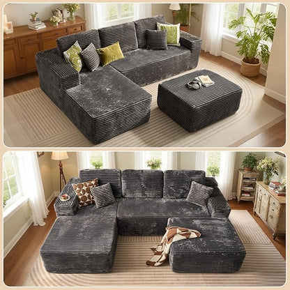 37.1" Ottoman for Couch, Plush Corduroy Memory Foam Ottoman Cloud Boneless Sectional Couch for Living Room Foot Stools No Assembly Require, Plush Corduroy,Gray