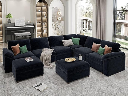 EASE MOOSE Oversized U Shape Sectional Couch Wide Deep seat Modular Cloud Sofa,FSC Certified Comfortable Chenille Blue Cloud Couch sectional Sofa