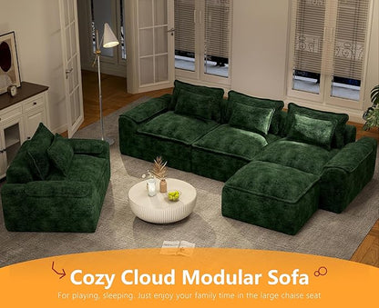 Hobestluk 120" Cloud Modular Sectional Couch 3-Seater Sofa with Ottoman L Shaped Sofa with Removable Cover Large Sofa Couch for Living Room (Green, 3-Seater Sofa with One Ottoman)