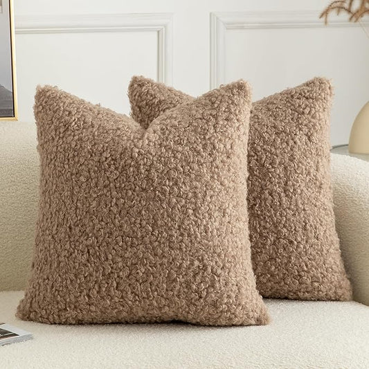 Pack of 2 Curly Teddy Wool Faux Fur Throw Pillow Covers Fuzzy Accent Soft Sherpa Pillowcases Sheepskin Fleece Decorative Cushion Case for Sofa Couch Living Room 16x16 Inch Khaki