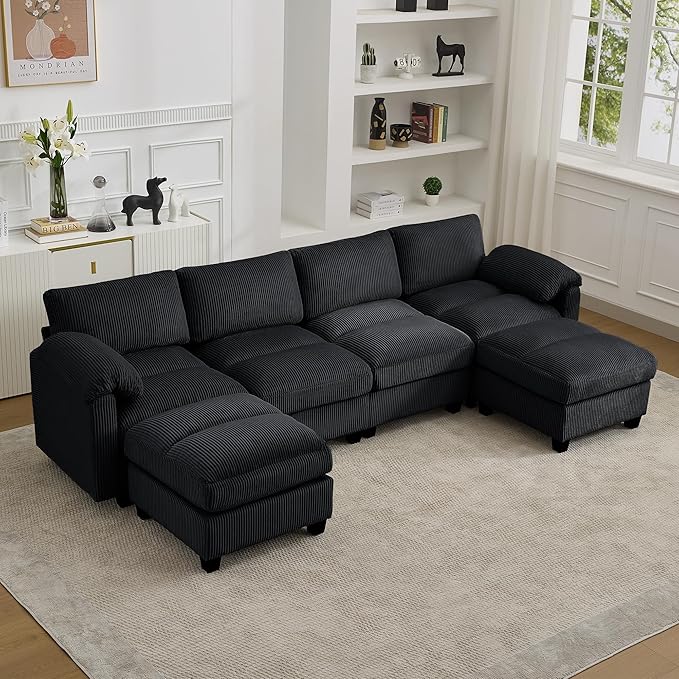 118'' U-Shaped Sectional Couch with 2 Ottoman, Oversized Modular Couches for Living Room, Corduroy Deep Seat Cloud Sofa with Center Stitched, Black