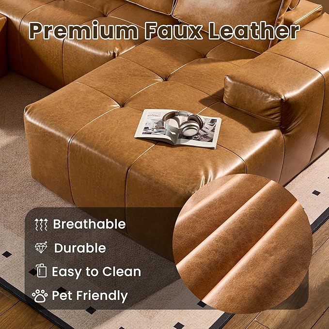 114" Cloud Sectional Couch with L-Shape Chaise & Ottoman, Modern Boneless Couches for Living Room, Fluffy Tufted Deep Seat Modular Sofa No Assembly (Faux Leather,Brown,Right Facing)
