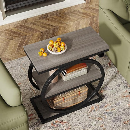 Tribesigns End Table Set of 2, Narrow End Table with 3 Storage Shelves, Wooden Side Table with Metal Frame, Small Sofa Side Table for Living Room, Grey Nightstand and Bedside Table for Bedroom