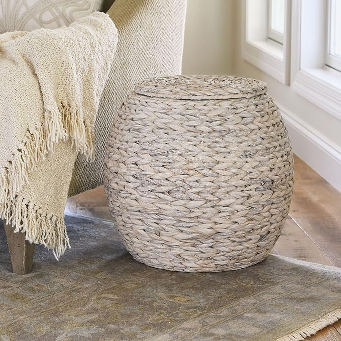 Household Essentials Handwoven Water Hyacinth Barrel Wicker Storage Basket Side Table, Cream Finish