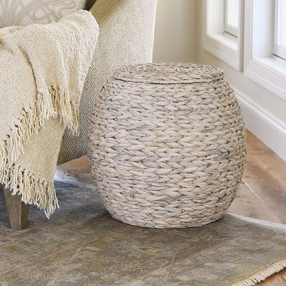 Household Essentials Handwoven Water Hyacinth Barrel Wicker Storage Basket Side Table, Cream Finish