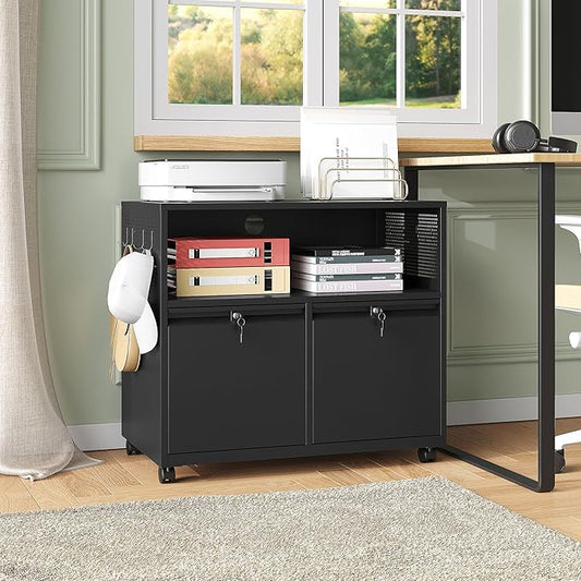 Mobile Filing Cabinet with Lock,Metal Lateral File cabinets Printer Stand with Storage Cabinets for Home Office,A4/F4/Letter (Black)