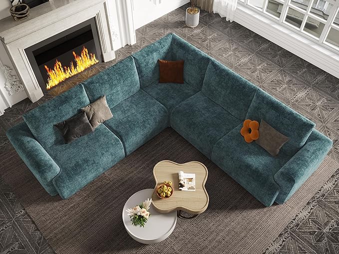 EASE MOOSE Cloud Couch Sectional Sofa, Large L-Shaped Oversized Modular Couch for Living Room, Minimalist Boneless Convertible Couches, 5-Seat Deep Sofas for Bedroom, Chenille (Blue)