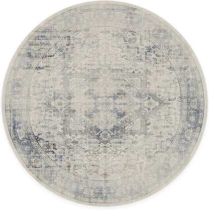 RUGGABLE Washable Vintage Area Rug – Kamran Blue Quartz 6 ft Round, Stain-Resistant, Non-Slip – Medium Machine Washable Rugs for Living Room, Bedroom, Hallway, Entryway & Office–with Standard Pad