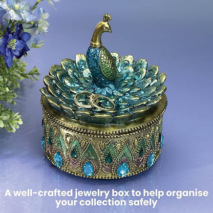 Bits and Pieces Peacock Jewelry Box for Women Small Keepsake Box with Peacock Figurine Lid - Decorative Boxes for Home Decor