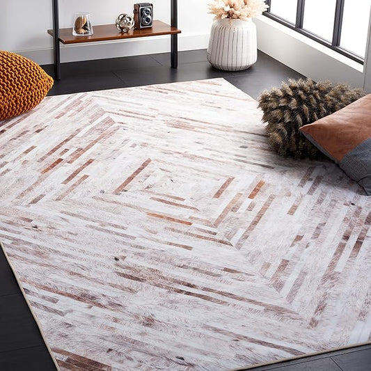 SAFAVIEH Washable Rug Faux Hide Collection - 9' x 12', Beige & Brown, Slip Resistant, Western Rustic Decor, Printed Pattern, Ideal for Living Room, Bedroom, Home Office, Dining Space (FAH526A)