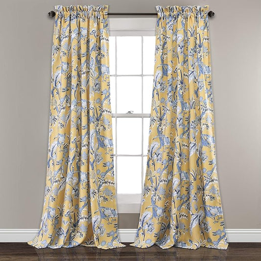 Lush Decor Dolores Light Filtering Window Panels, Pair, 52" W x 95" L, Yellow - Floral Curtains for Bedroom - Vintage Curtains - Coquette Room Decor