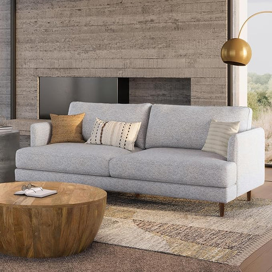 SIMPLIHOME Livingston 76-inch Wide Sofa in Mist Grey Woven-Blend Fabric, Handcrafted Loveseat Couch for Living Room or Family Room, Mid-Century Modern Style, Solid Wood Frame